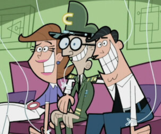 Pais do Timmy sentados no sofá com o vilão do desenho sentado no meio deles